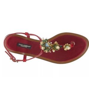 Auth $980 Dolce Gabbana Women’s Leather T Strap Sandals Iguana Stromboli Red 5.5